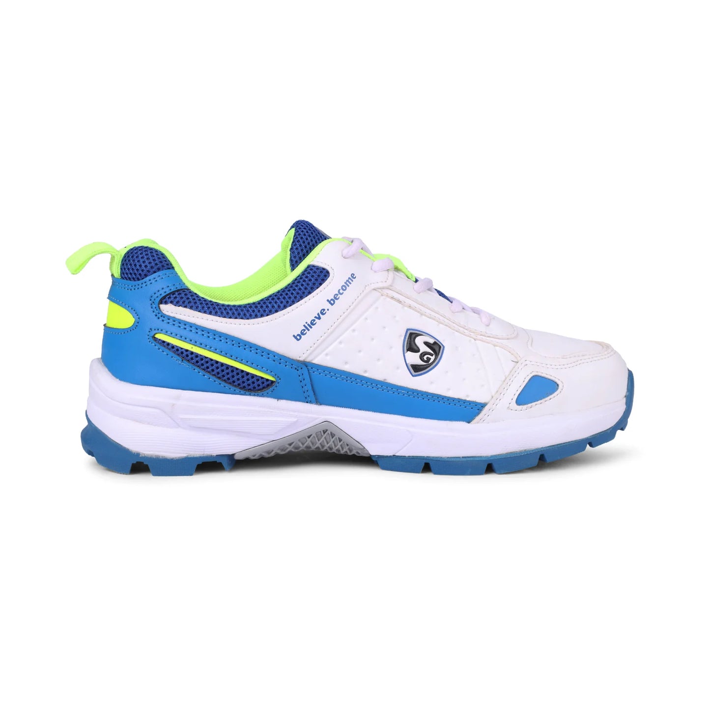 SG CLUB 6.0 Cricket Shoe: Classic White with Royal Blue and Lime Accents(2024)